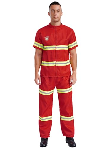 Fldy Herren Feuerwehrmann Kostüm Helm Reflektierend Kurzarm Jacke Hose Und Gürtel 4er Set Mottoparty Karneval Halloween Kostüm Rot XXL von Fldy