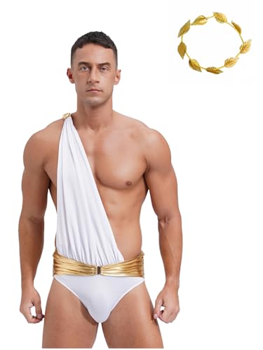 Fldy Herren Griechische Götter Kostüme Lorbeerkranz Kopfschmuck Stringbody Set Römischer Krieger Kostüm Fasching Halloween Party Cosplay Outfit Weiß XXL von Fldy