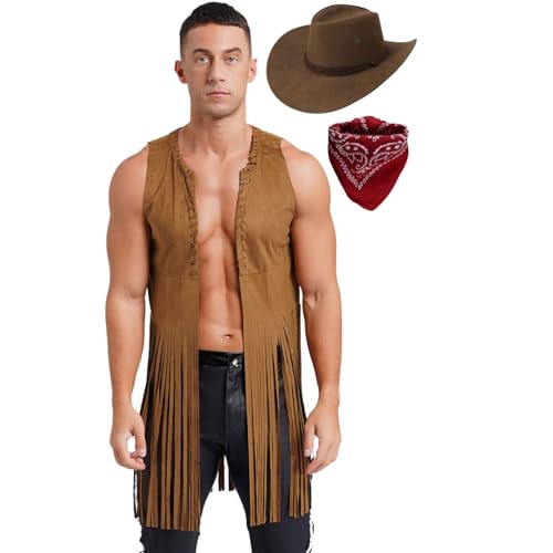 Fldy Herren Kostüm Cowboy Weste Hut Bandana Set Hippie Kleidung Wildleder Fransen Weste Lang Lederhut Sheriff Ranger Rodeo Rollenspiel Faschingskostüm Braun L von Fldy