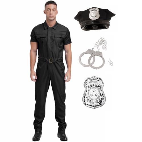 Fldy Herren Kostüm Polizei Uniform Polizist Hut Zubehör Jumpsuit 4er Set FBI Agent Cosplay Outfit Karneval Party Faschingskostüm Schwarz 3XL von Fldy