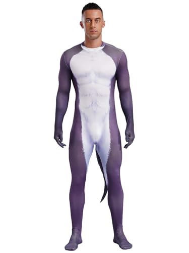 Fldy Herren Kostüm Tier Overall 3D Tier Muskel Muster Jumpsuit Mit Schwanz Stretch Full Bodysuit Halloween Fasching Kostüm Bühnenshow Outfit J 3XL von Fldy