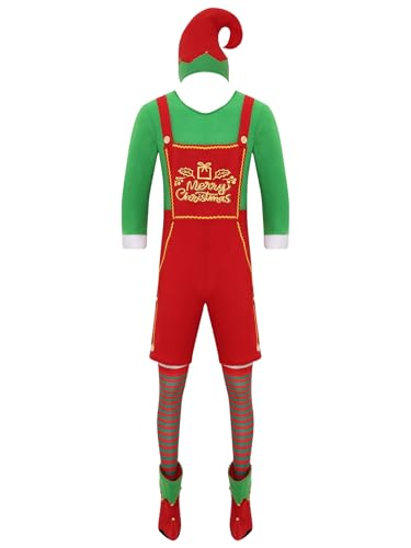 Fldy Herren Kostüm Weihnachten Elf Outfit Zubeör Overall 4er Set Weihnachtsmann Helfer Cosplay Erwachsene Party Karneval Faschingskostüme Rot&Grün L von Fldy