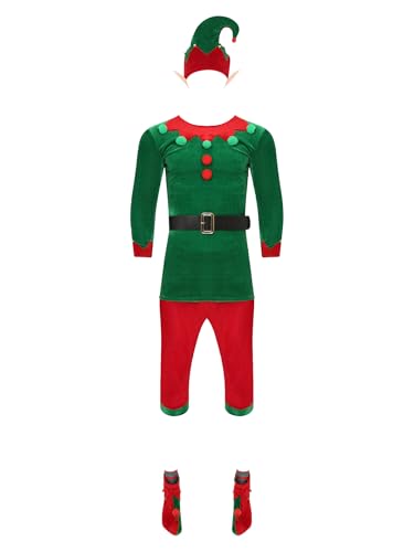 Fldy Herren Kostüm Weihnachten Elf Outfit Zubeör Weihnachtsmann Helfer Cosplay 7er Set Erwachsene Party Karneval Faschingskostüme Rot&Grün L von Fldy