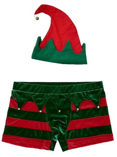 Fldy Herren Kostüm Weihnachten Unterhose Weihnachtself Wichtel Kostüm Elfenhut Und Bulge Boxer Briefs Mann Xmas Outfit Rot L von Fldy