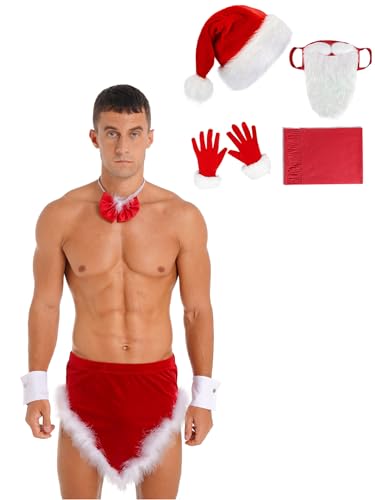 Fldy Herren Kostüm Weihnachtsmann Nikolaus Cosplay Kurzer Rock Und Weihnachts Zubehör Set Santa Claus Outfit Rot 3XL von Fldy