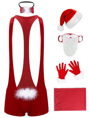 Fldy Herren Kostüm Weihnachtsmann Santa Claus Outfit Boxer Wrestling Singlet Und Weihnachten Accessoires Set Rot L von Fldy