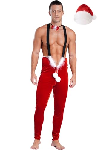 Fldy Herren Kostüm Weihnachtsmann Santa Outfit Latzhose Jumpsuit Und Weihnachtshut Set Für Weihnachtsfeier Cosplay Party Overall 3XL von Fldy