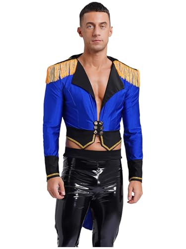 Fldy Herren Kostüm Zirkus Zirkusdirektor Jacke Mantel Mit Quasten-Epaulette Faschingskostüm Halloween Ringmaster Jacket Mottoparty Cosplay Outfitt Königsblau XXL von Fldy