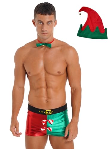 Fldy Herren Weihnachten Elf Kostüm Weihnachts Unterwäsche Boxershorts Kobold Hut Und Fliege Set Für Weihnachtsparty Karneval Fastnacht Rot&Grün L von Fldy