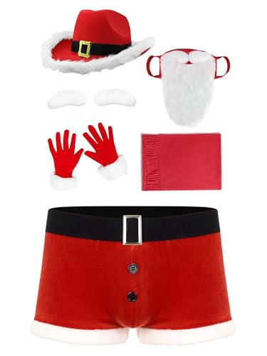 Fldy Herren Weihnachtsmann Kostüm Mütze Nikolaus Bart Boxershorts Handschuhen Und Schal 5er Set Weihnachts Unterwäsche Nachtwäsche Fedora-Hut-Set 3XL von Fldy