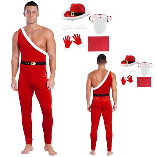 Fldy Herren Weihnachtsmann Kostüm Weihnachten Kostüm Für Erwachsene 5er Santa Claus Anzug Weihnachtsparty Verkleidung Cowboy-Hut-Set 4XL von Fldy