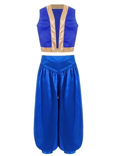 Fldy Kinder Jungen Arabischer Prinz Kleidung Weste Und Hose Halloween Karneval Rollenspiel Outfit Wunderlampe Märchen Prinz Verkleidung Blau 110-116 von Fldy