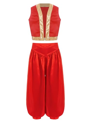 Fldy Kinder Jungen Arabischer Prinz Kleidung Weste Und Hose Halloween Karneval Rollenspiel Outfit Wunderlampe Märchen Prinz Verkleidung Rot 158-164 von Fldy