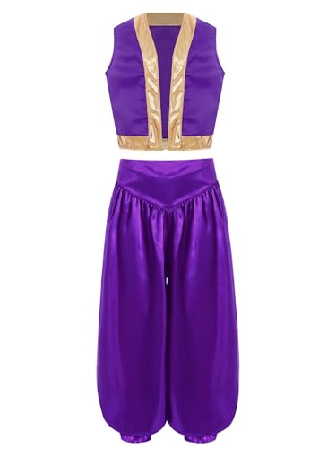 Fldy Kinder Jungen Arabischer Prinz Kleidung Weste Und Hose Halloween Karneval Rollenspiel Outfit Wunderlampe Märchen Prinz Verkleidung Violett 110-116 von Fldy