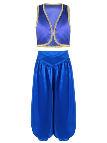 Fldy Kinder Jungen Arabischer Prinz Outfit Sultan Arabische Kleidung Weste Aladinhose Set Halloween Karneval Party Verkleidung Blau 110-116 von Fldy