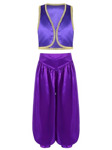 Fldy Kinder Jungen Arabischer Prinz Outfit Sultan Arabische Kleidung Weste Aladinhose Set Halloween Karneval Party Verkleidung Violett 110-116 von Fldy