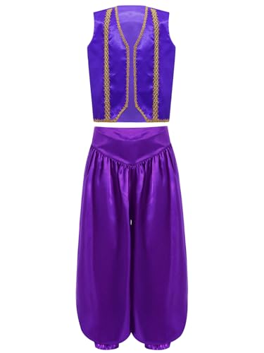 Fldy Kinder Jungen Arabischer Prinz Outfit Weste Haremshose Set Karneval Halloween Arabische Kleidung Orient Dschin Verkleidung Violett 122-128 von Fldy