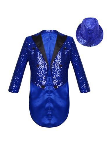 Fldy Kinder Jungen Glitzer Frack Set Pailletten Mantel Und Paillettenhut Zylinder Glitzer 70er Disco Outfit Party Show Kleidung Blau 110-116 von Fldy