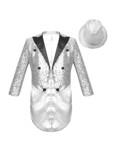 Fldy Kinder Jungen Glitzer Frack Set Pailletten Mantel Und Paillettenhut Zylinder Glitzer 70er Disco Outfit Party Show Kleidung Silber 110-116 von Fldy