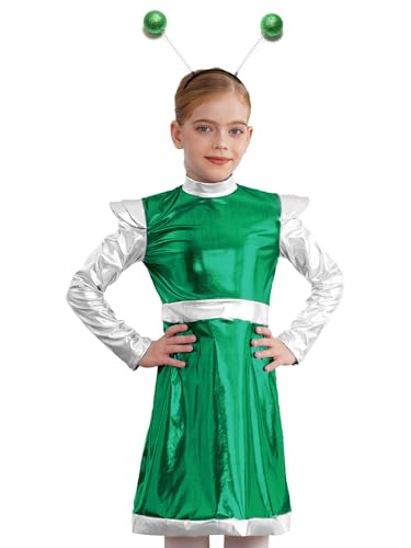 Fldy Kinder Mädchen Alien Haarreif Weltall Space Girl Kleid Set Holographic Glanz Karneval Fasching Partykleid Tanzkleid Grün 122-128 von Fldy