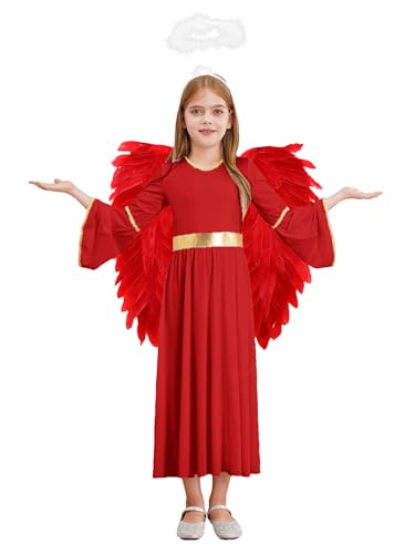 Fldy Kinder Mädchen Engel Kostüm Kleid Flügel Und Heiligenschein Haarreif Weihnachten Halloween Karneval Mottoparty Geburtstagsfeier Kleidung Rot-Weiss 110-116 von Fldy