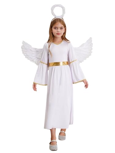 Fldy Kinder Mädchen Engel Kostüm Kleid Flügel Und Heiligenschein Haarreif Weihnachten Halloween Karneval Mottoparty Geburtstagsfeier Kleidung Weiß 110-116 von Fldy