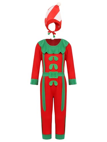 Fldy Kinder Weihnachtself Weihnachtsbaum Verkleidung Overall Hut Set Jungen Mädchen Party Karneval Weihnachten Kleidung Rot 110-116 von Fldy