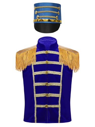 Fldy Kinderkostüm Zirkus Ringmaster Jacke ärmellos Fransen-Epauletten Weste Und Trommler Hut Halloween Fasching Ehrengarde Outfit Königsblau 110-116 von Fldy