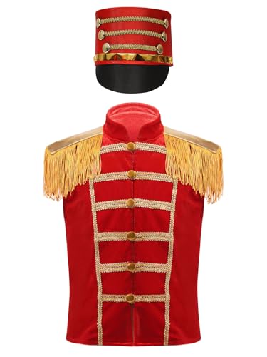 Fldy Kinderkostüm Zirkus Ringmaster Jacke ärmellos Fransen-Epauletten Weste Und Trommler Hut Halloween Fasching Ehrengarde Outfit Rot 110-116 von Fldy