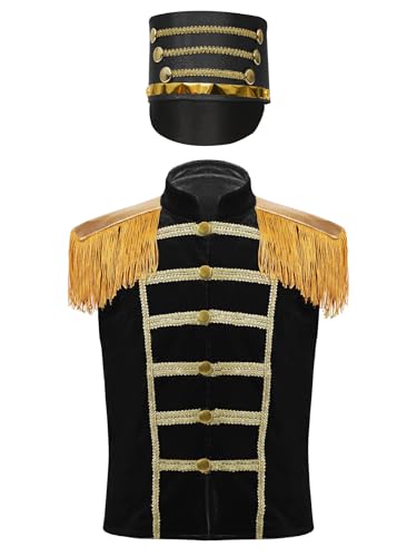 Fldy Kinderkostüm Zirkus Ringmaster Jacke ärmellos Fransen-Epauletten Weste Und Trommler Hut Halloween Fasching Ehrengarde Outfit Schwarz 146-152 von Fldy