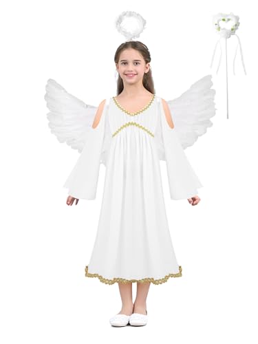 Fldy Mädchen Engel Kleid Flügel Und Heiligenschein Set Kinder Krippenspiel Outfit Weihnachten Fasching Halloween Mottoparty Outfit Weiß 104-110 von Fldy