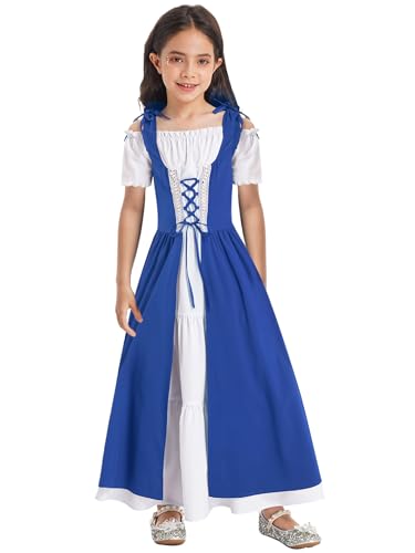 Fldy Mädchen Mittelalterliches Kleid Renaissance Prinzessin Kleid Kinder Karneval Hallwoeen Partykleid Kurzarm Festkleid Ballkleid Blau_A 110-116 von Fldy