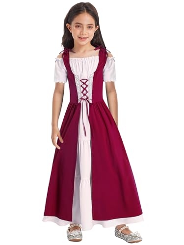 Fldy Mädchen Mittelalterliches Kleid Renaissance Prinzessin Kleid Kinder Karneval Hallwoeen Partykleid Kurzarm Festkleid Ballkleid Burgundy_A 122-128 von Fldy