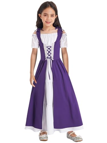 Fldy Mädchen Mittelalterliches Kleid Renaissance Prinzessin Kleid Kinder Karneval Hallwoeen Partykleid Kurzarm Festkleid Ballkleid Dunkelviolett_A 134-140 von Fldy