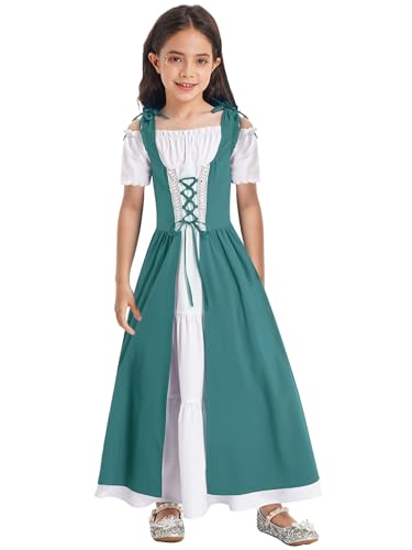 Fldy Mädchen Mittelalterliches Kleid Renaissance Prinzessin Kleid Kinder Karneval Hallwoeen Partykleid Kurzarm Festkleid Ballkleid Grün_A 110-116 von Fldy