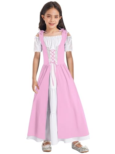 Fldy Mädchen Mittelalterliches Kleid Renaissance Prinzessin Kleid Kinder Karneval Hallwoeen Partykleid Kurzarm Festkleid Ballkleid Rosa_A 110-116 von Fldy