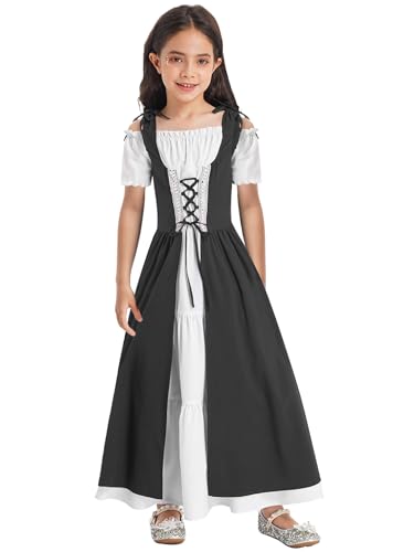 Fldy Mädchen Mittelalterliches Kleid Renaissance Prinzessin Kleid Kinder Karneval Hallwoeen Partykleid Kurzarm Festkleid Ballkleid Schwarz_A 110-116 von Fldy