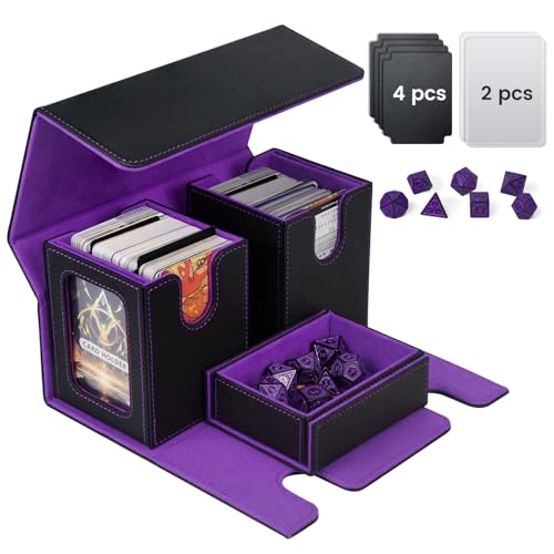 MTG Deck Box mit Commander Display, 3-in-1 Kartendeck-Box passt für 200 doppelhültige Karten, PU magnetische Karten-Aufbewahrungsbox mit 4 Trennwänden, 2 Toploadern & 7 mehrseitigen Würfeln für TCG von Flelamo