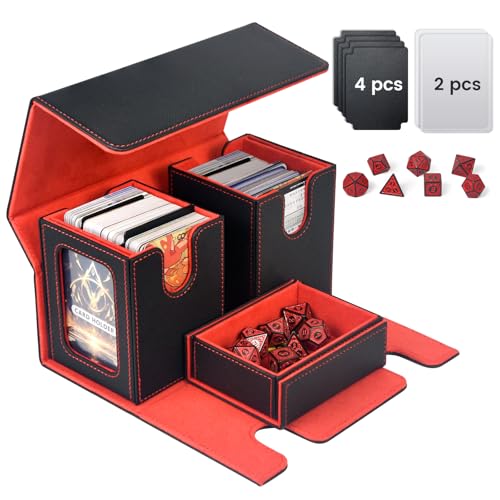 MTG Deck Box mit Commander Display, 3-in-1 Kartendeck-Box passt für 200 doppelhültige Karten, PU magnetische Karten-Aufbewahrungsbox mit 4 Trennwänden, 2 Toploadern & 7 mehrseitigen Würfeln für TCG von Flelamo