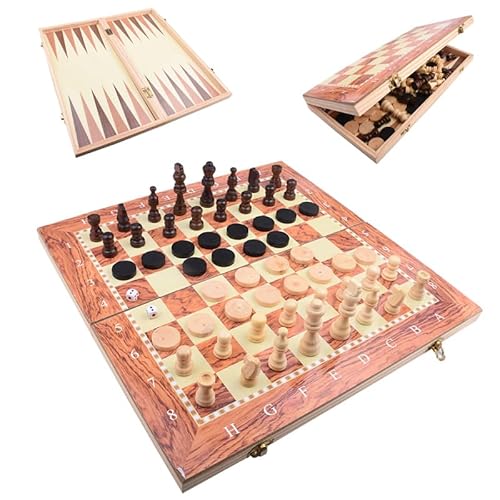 Flero 3-in-1 Premium Holz-Brettspiel-Set - Schachbrett - Backgammon - Damebrett (8x8) - 23,5 x 23cm - Schachspiel - Schachset - Schach - Dame - Mit Schachfiguren - 3-in-1 Brettspiel - Holz - Klappbar von Flero