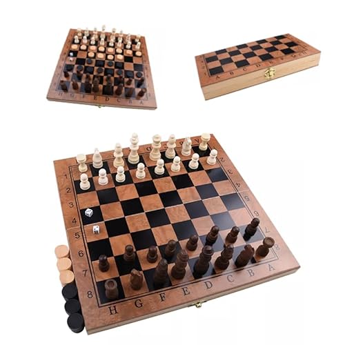 Flero Schachspiel aus Holz, 3 In 1 Schach, Dame, Backgammon, Schachbrett Klappbar, Schachbrett Holz Hochwertig Abschließbarer Koffer, Chess Set 29 x 29 von Flero