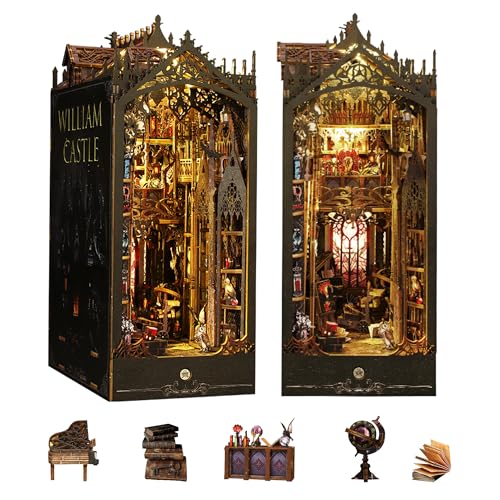 DIY Dollhouse Booknook, Book Nook Miniature Kit for Bookshelf Insert Decor Crafts for Adults and Teens, 3D Wooden Puzzle Bookends with Sensor Led Light (William Castle) von Flever