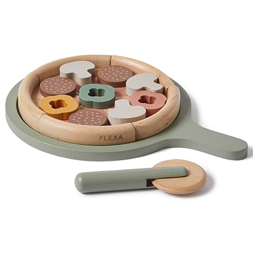 FLEXA Holzpizza-Set für Kinder – 16-teiliges Spielset mit Teller, Spielküche Zubehör Holz Pizza, Belag und Pizzamesser, FSC-zertifiziertes Birkenholz, Spiel für Kleinkinder ab 3 Jahren von Flexa