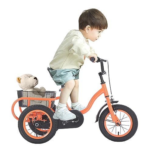 Fliuyr 12 Zoll Dreirad mit Einfacher Geschwindigkeit,Kinderfahrräder für Jungen/Mädchen,Vorderradbremsanlage,Verstellbarer Sitz,3 Räder Fahrrad Bike mit Großer Korb,Geschenk für Kinder von Fliuyr