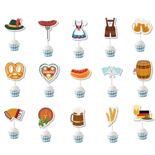 FloralGrace 15 Stück Oktoberfest Tortendeko Cupcake Topper Beer Cookie Bayrisch Deutsches Bierfest Kuchendeko Bayerische Party Dessert Dekorationen Für Party Geburtstagsfeier Hochzeitsfeier von FloralGrace