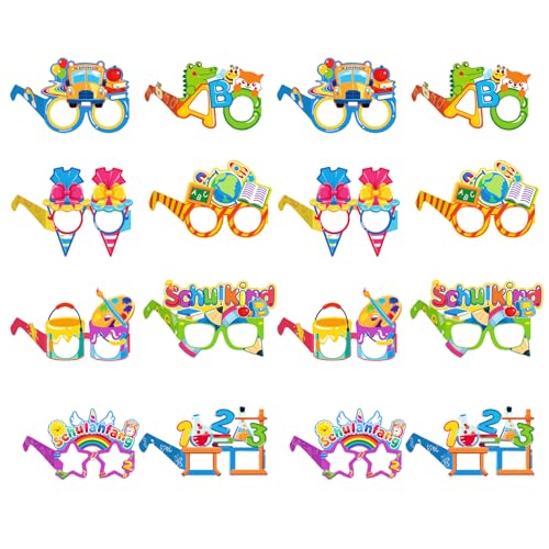 FloralGrace 16pcs Einschulung Deko 2024 Schulanfang Schulkind Brille Alles Gute Zum Schulanfang Fotorequisiten Partybrillen Für Kinder Papier (8 Stile Mit Je 2 Stk) von FloralGrace