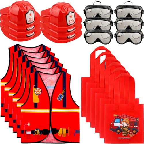 Flotory Das 24-teilige Feuerwehrmann-Kostüm-Set für Kinder beinhaltet 6 Feuerwehrwesten, 6 Feuerwehrmannhüte, 6 Brillen, 6 Tragetaschen für Jungen und Mädchen, Halloween, Partygeschenke, Geburtstag, von Flotory