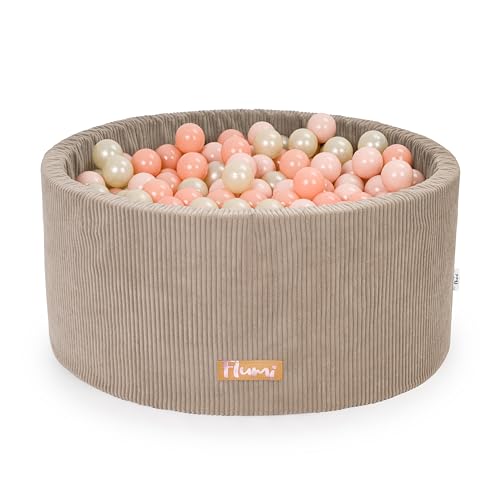 Flumi Personalisierte Bällebad Kinder ab 1 Jahr - Bällepool Baby 90x40cm mit 200 Bällebad XXL bällebadbälle ∅ 7cm in EU hergestellt - (Kord Dunkelbeige) von Flumi