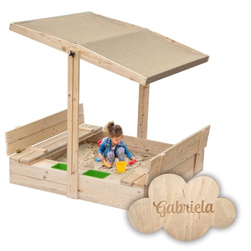 Flumi Sandkasten mit Abdeckung Sitzbänken und Sonnendach - 120x120 cm - Wahl der Imprägnierfarbe - Kinder Sandbox mit KINDERNAME - Sandkiste aus Holz - Made in EU (beige Vordach) von Flumi