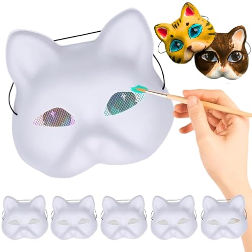 Fmarche 5 Stück Masken Katze Therian Masken Jungfrau mit Netz Augen Maske Fuchs Maske Tier Kunststoff DIY Maske Weiß für Verkleidungen Halloween Karneval Party von Fmarche